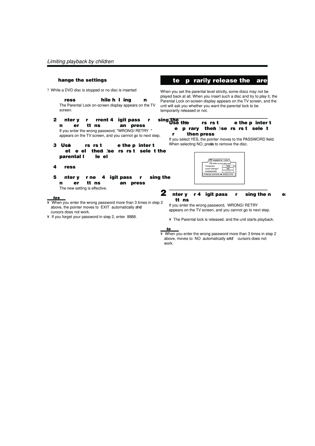 JVC TH-A10R manual To temporarily release the Parental lock, To change the settings 