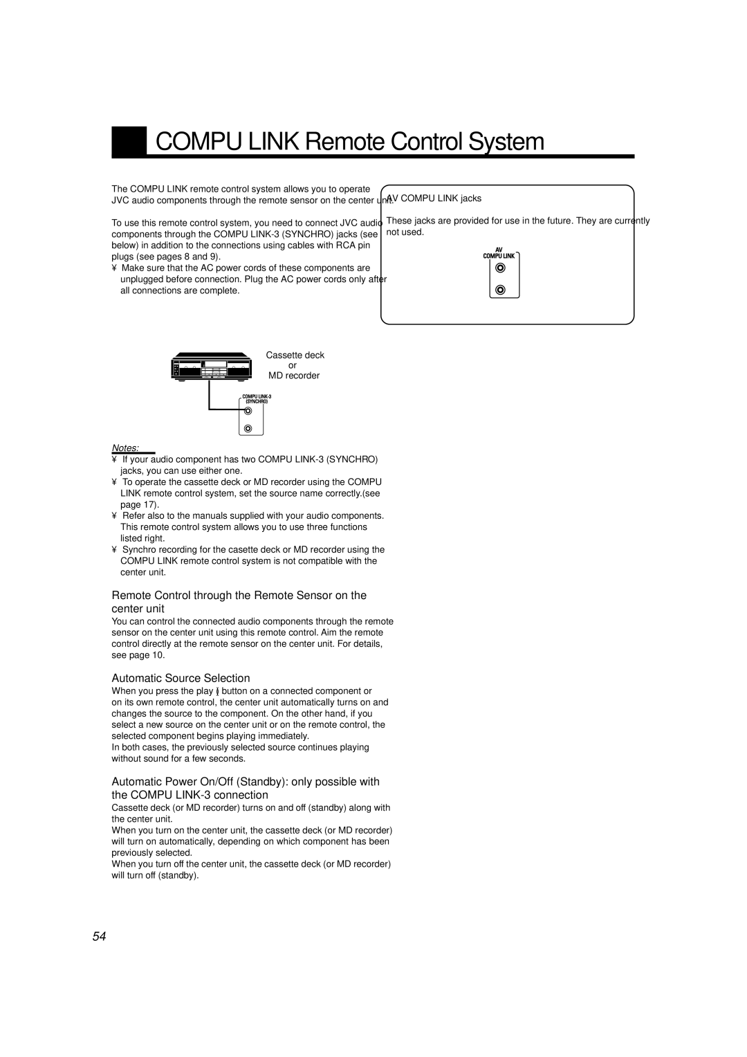 JVC TH-A10R manual Compu Link Remote Control System, Automatic Source Selection 