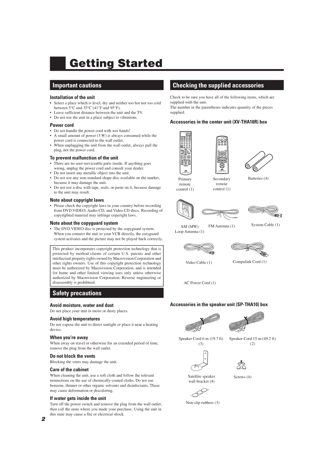 JVC TH-A10R manual Getting Started, Important cautions, Checking the supplied accessories, Safety precautions 