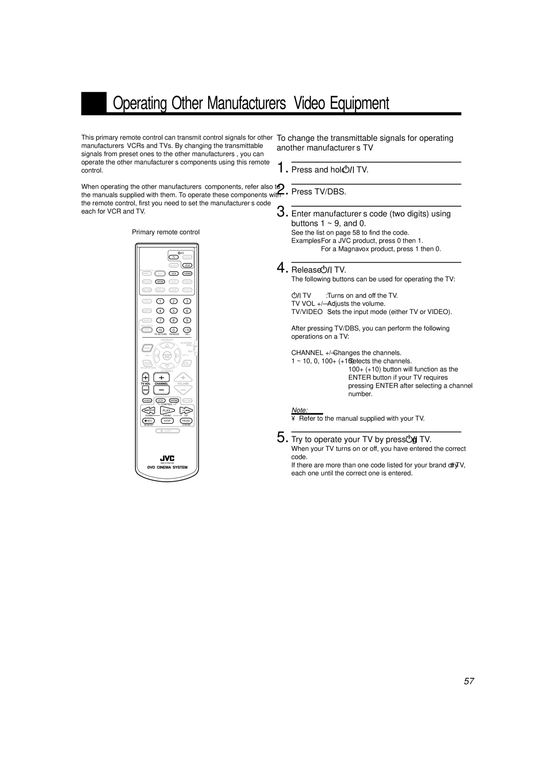 JVC TH-A10R Press TV/DBS, Release TV, Try to operate your TV by pressing TV, Enter manufacturer’s code two digits using 