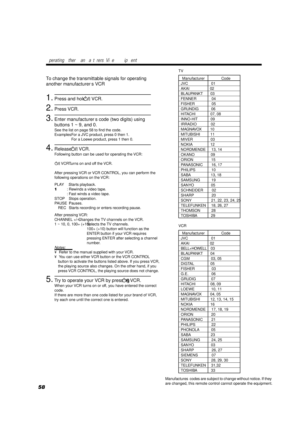 JVC TH-A10R manual Press VCR, Try to operate your VCR by pressing VCR, Release, ~ 10, 0, 100+ +10 Selects the TV channels 