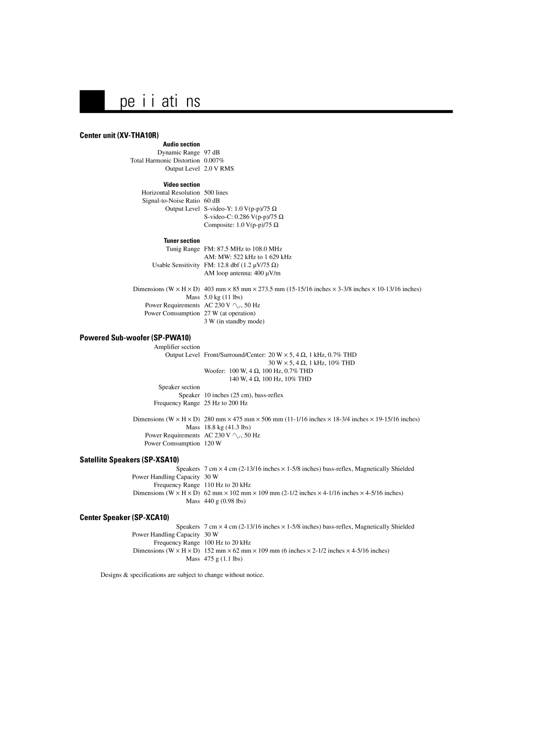 JVC TH-A10R manual Specifications, Center unit XV-THA10R, Satellite Speakers SP-XSA10, Center Speaker SP-XCA10 
