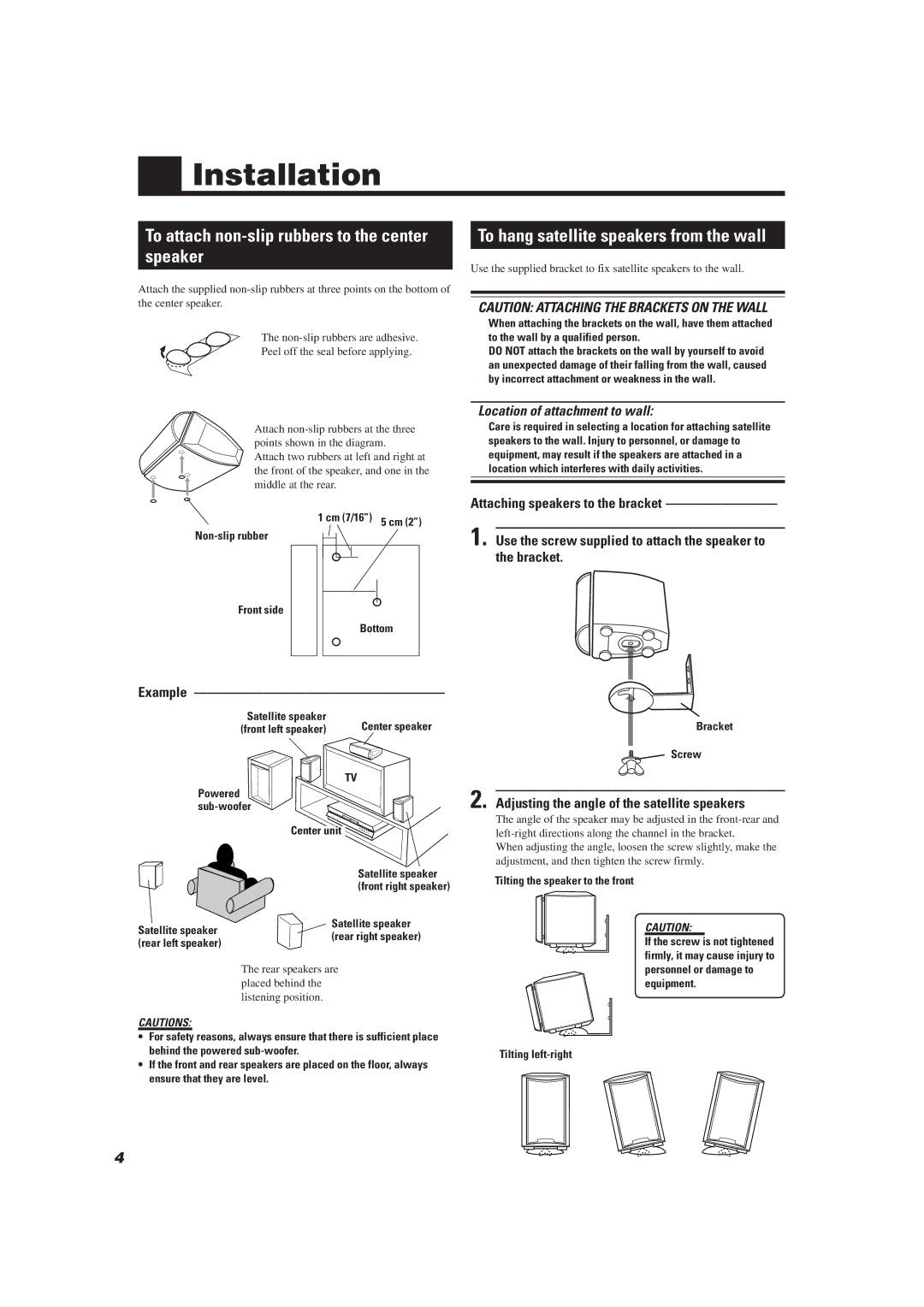 JVC TH-A10R manual Installation, Speaker, To hang satellite speakers from the wall, Example 