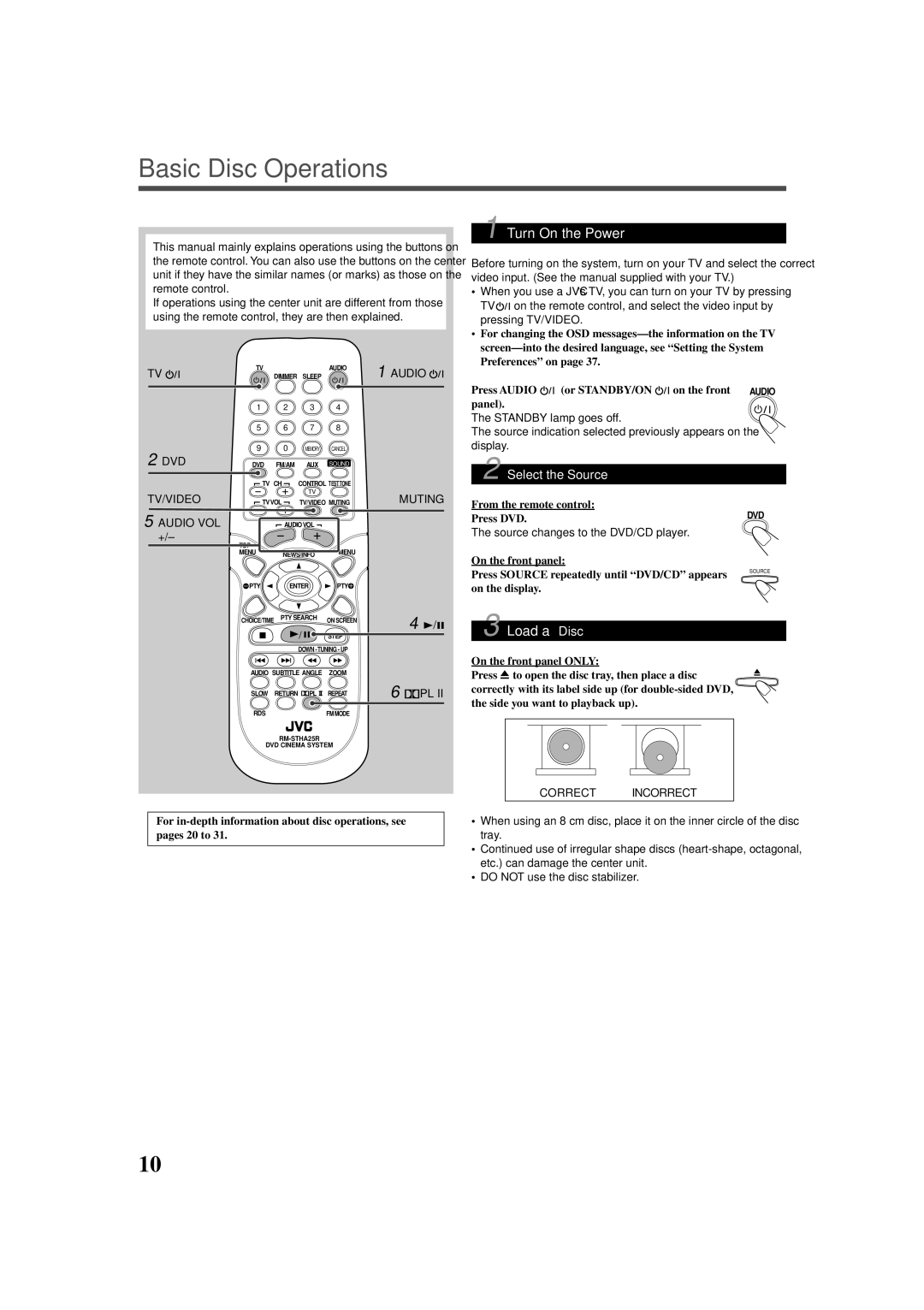 JVC TH-A25 manual Basic Disc Operations, Turn On the Power, Load a Disc, Muting 