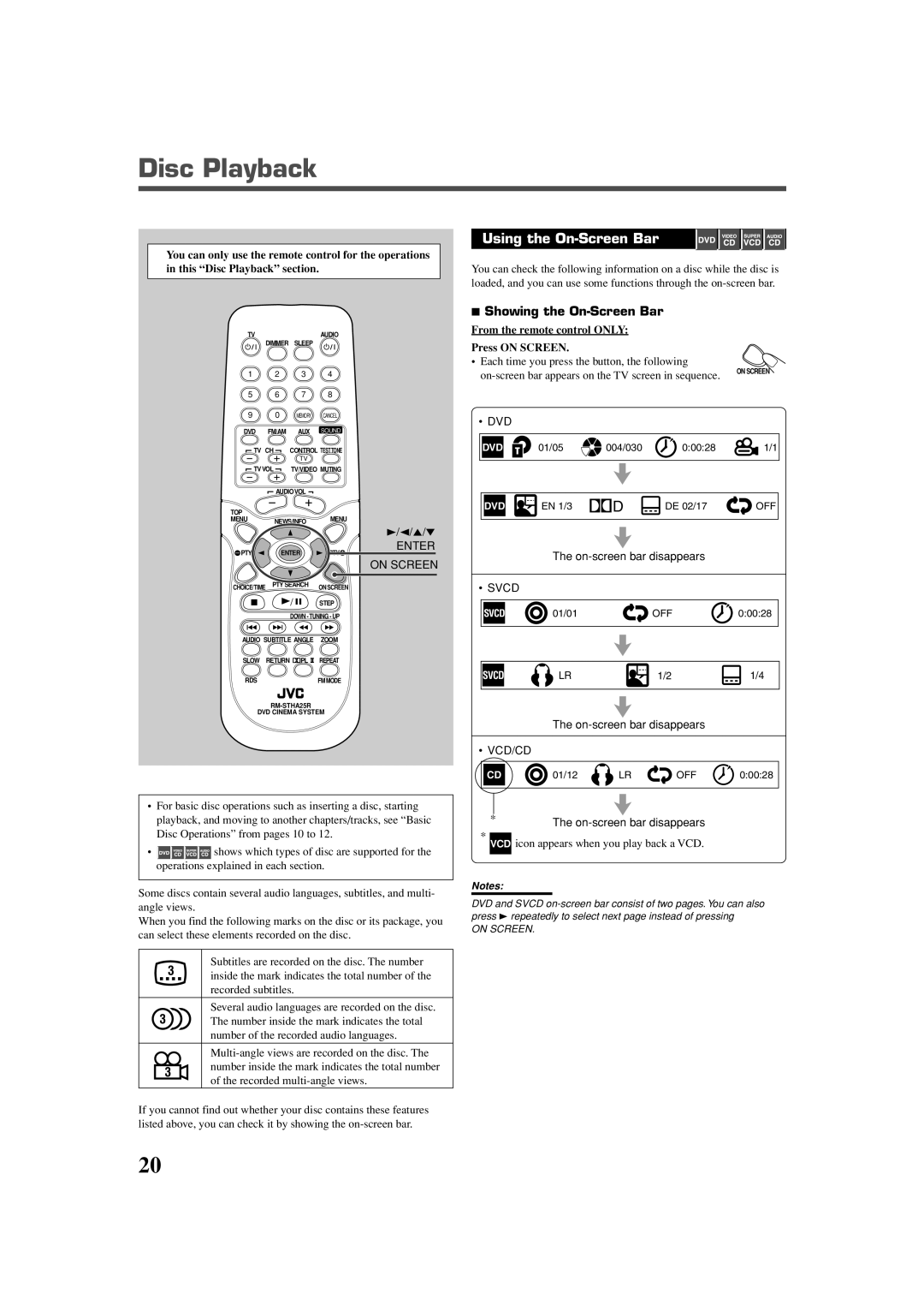 JVC TH-A25 manual Disc Playback, Using the On-Screen Bar, Showing the On-Screen Bar, On Screen 