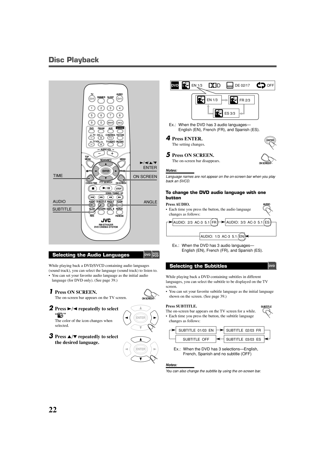 JVC TH-A25 manual Disc Playback, Selecting the Audio Languages, Press 3/2 repeatedly to select, Selecting the Subtitles 