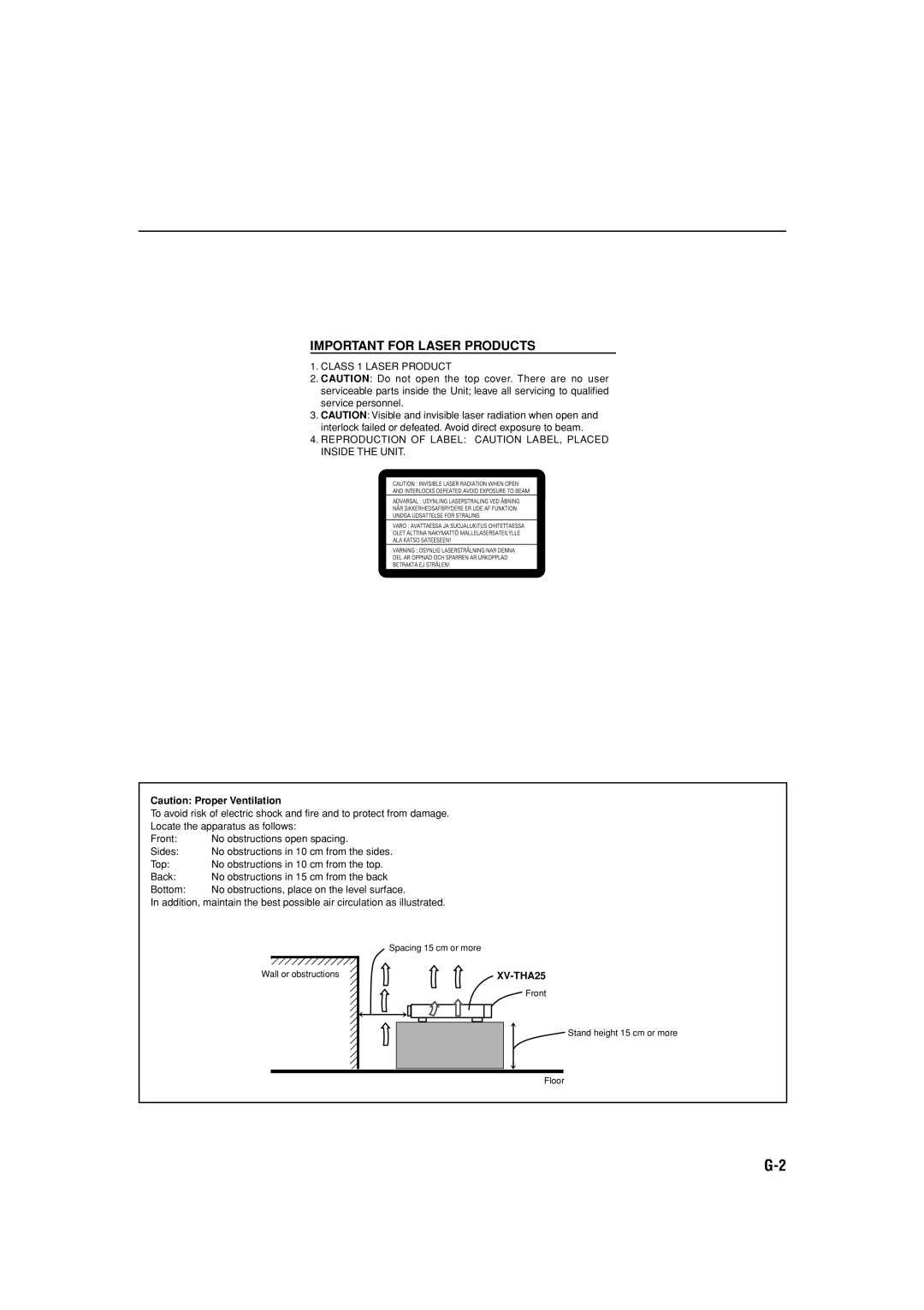 JVC TH-A25 manual Important for Laser Products 