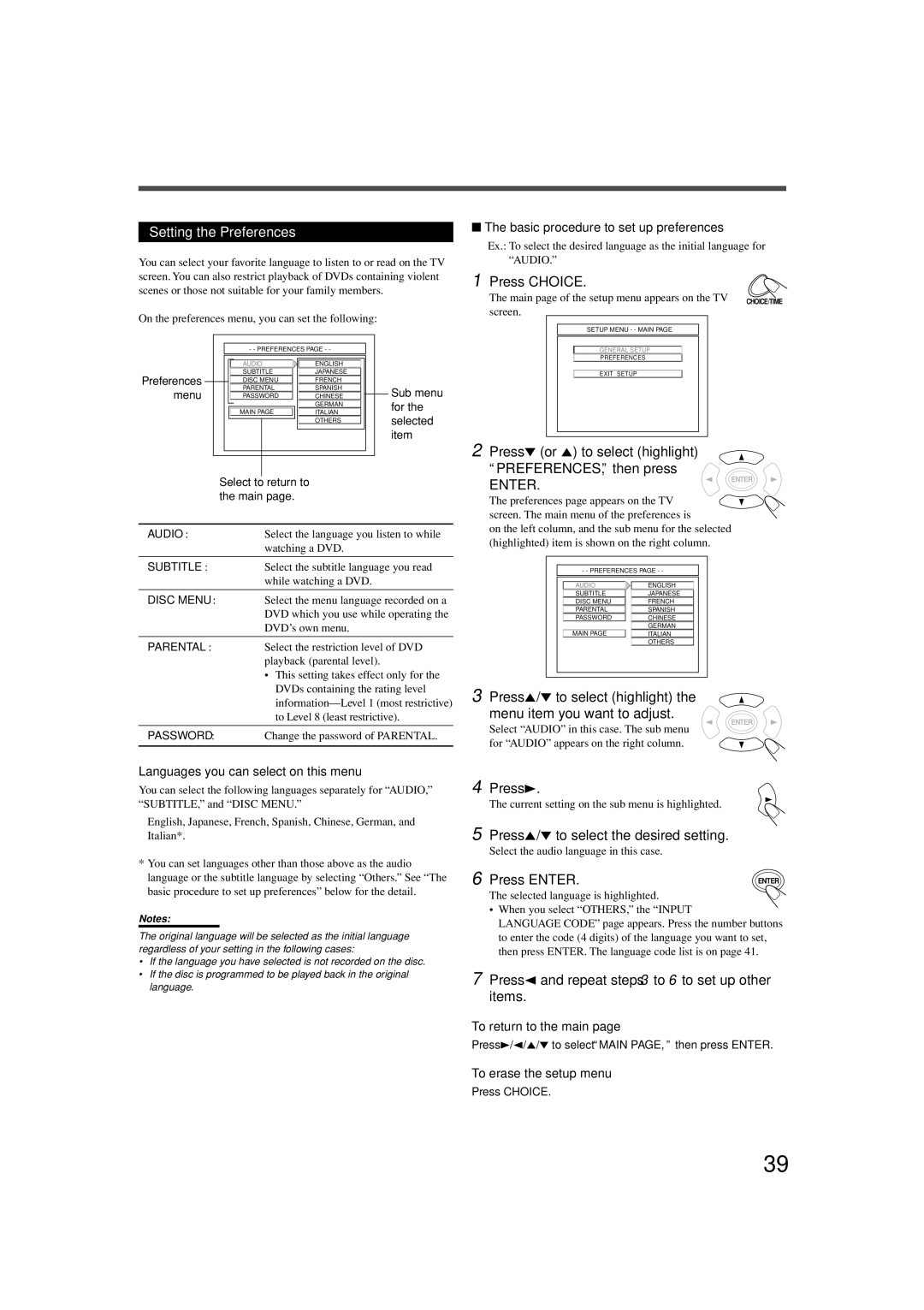 JVC TH-A25 manual Setting the Preferences, Press 5/∞ to select the desired setting, Basic procedure to set up preferences 