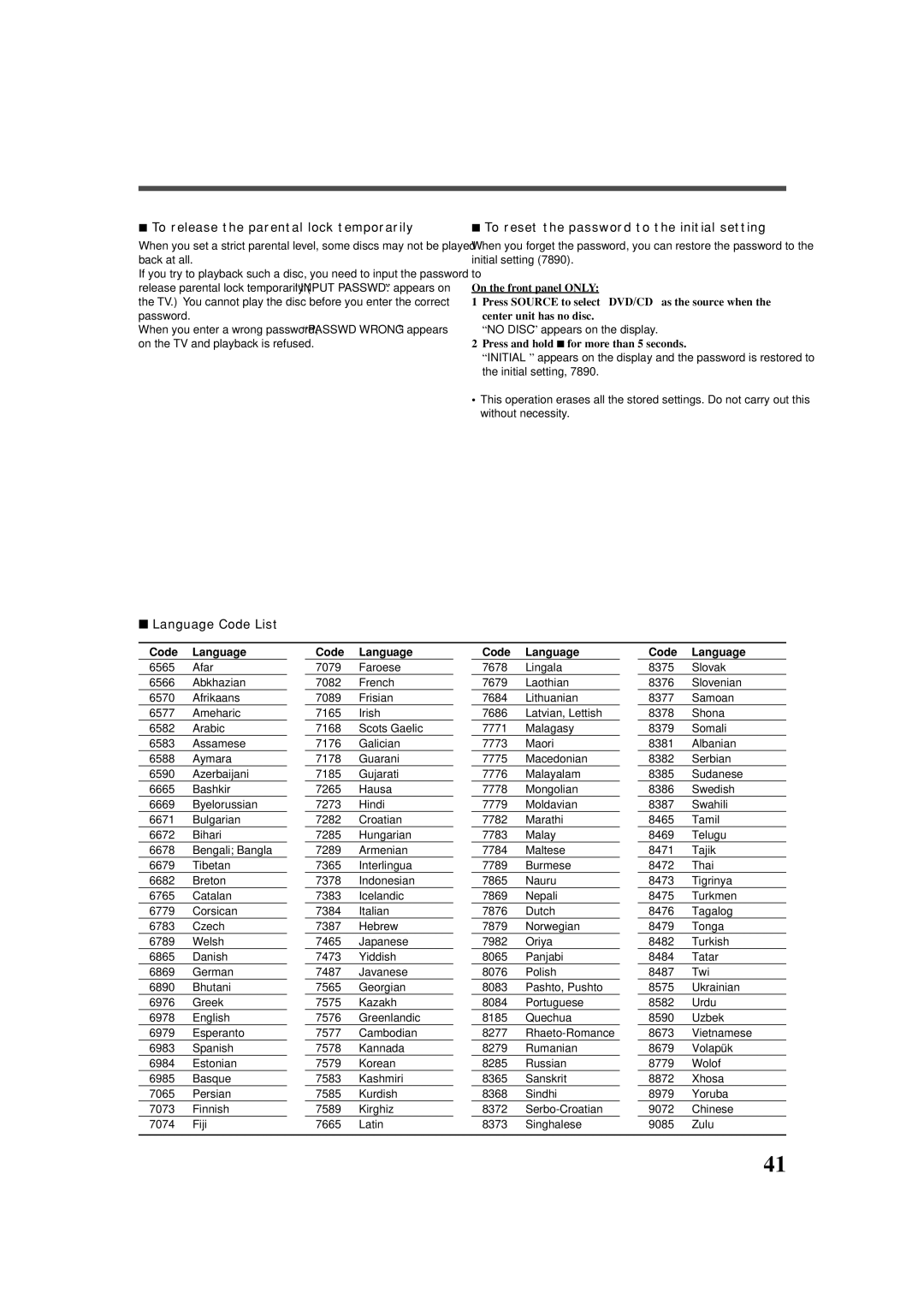 JVC TH-A25 manual To release the parental lock temporarily, No Disc appears on the display 