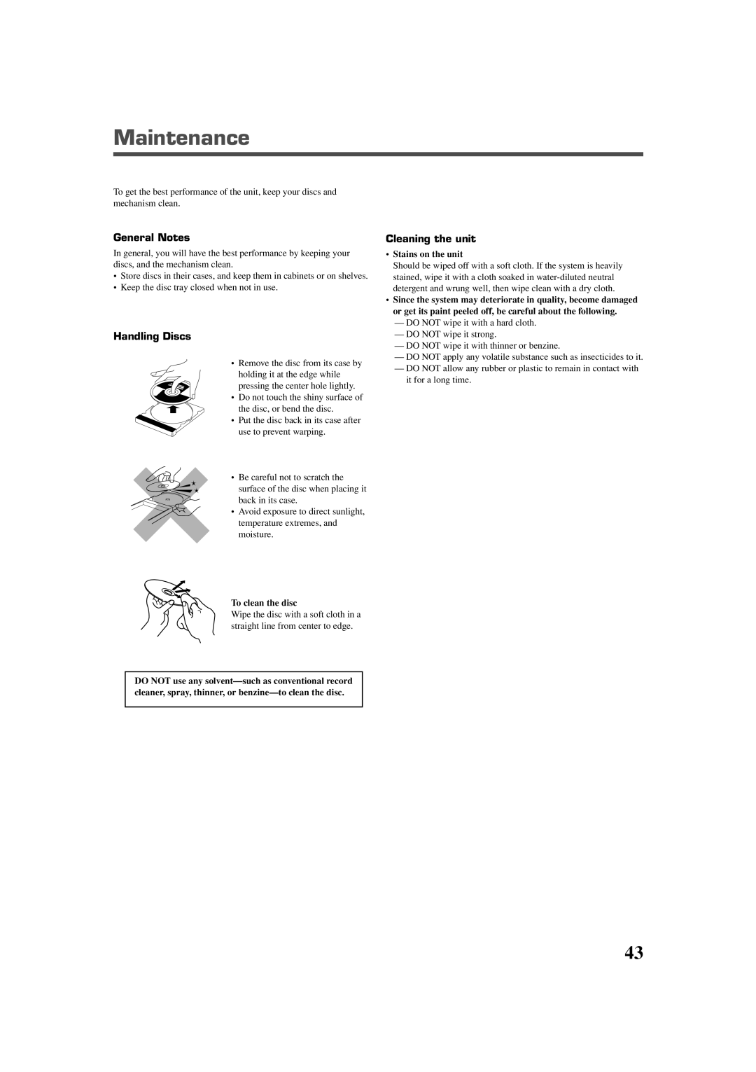 JVC TH-A25 manual Maintenance, General Notes, Handling Discs, Cleaning the unit 
