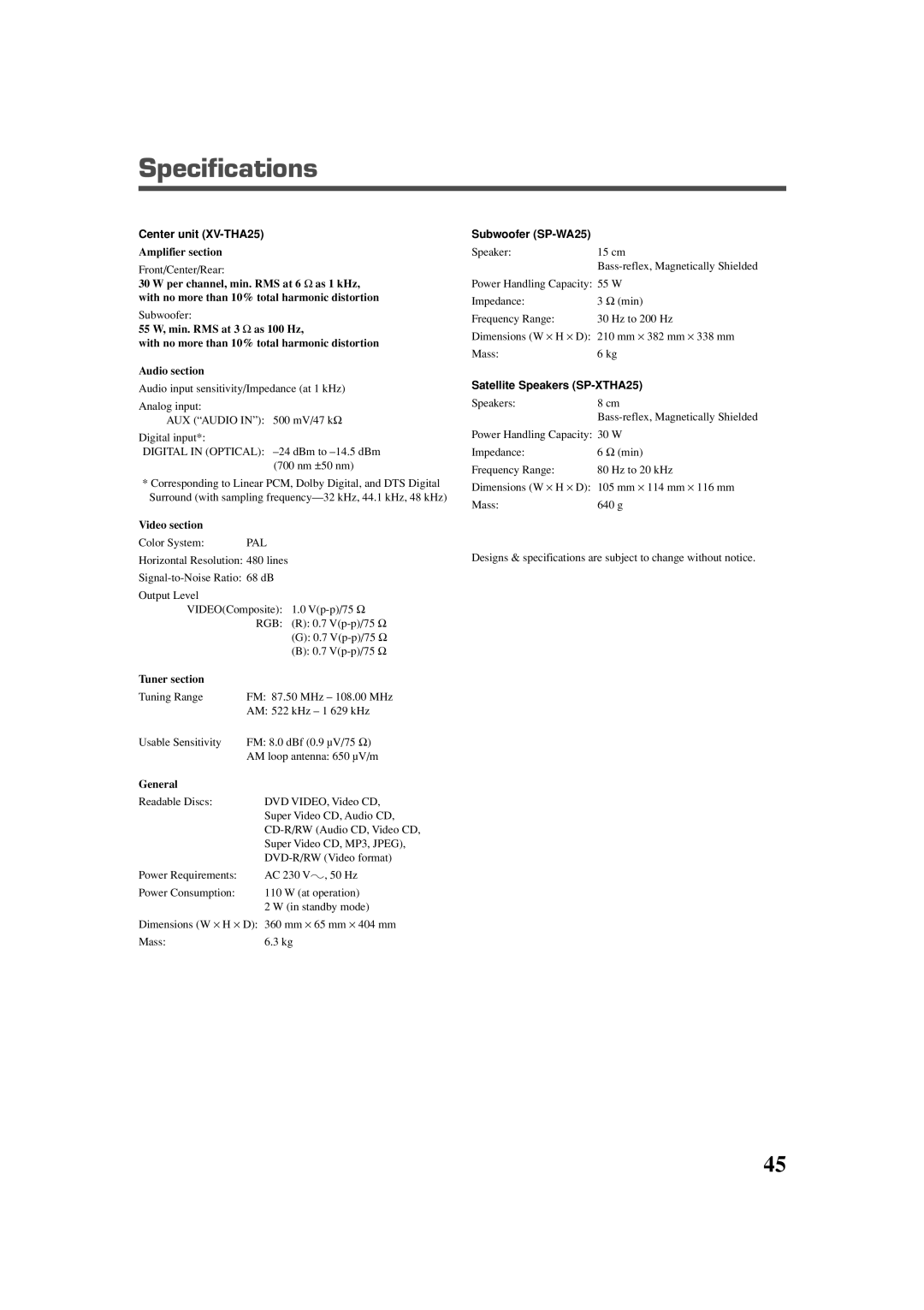 JVC TH-A25 manual Specifications, Amplifier section, Video section, Tuner section, General 