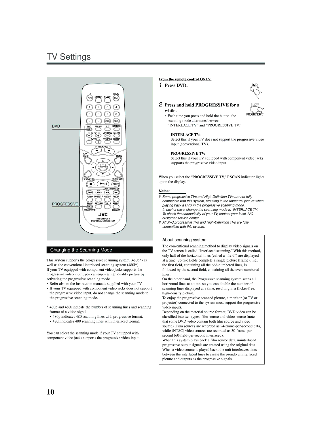 JVC TH-A25 manual TV Settings, Press DVD, Press and hold Progressive for a, While, Changing the Scanning Mode 