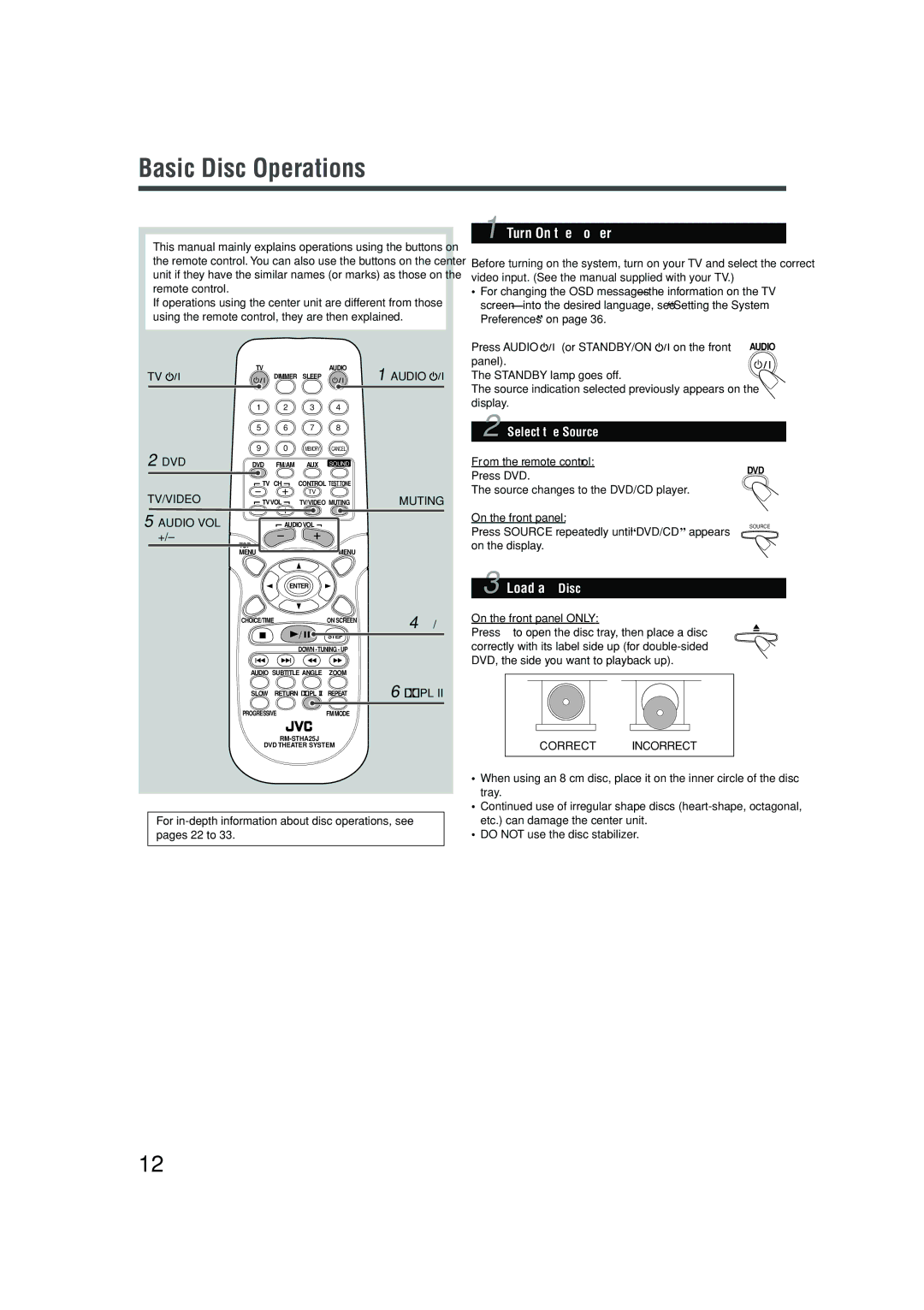 JVC TH-A25 manual Basic Disc Operations, Turn On the Power, Load a Disc, From the remote control Press DVD, Muting 