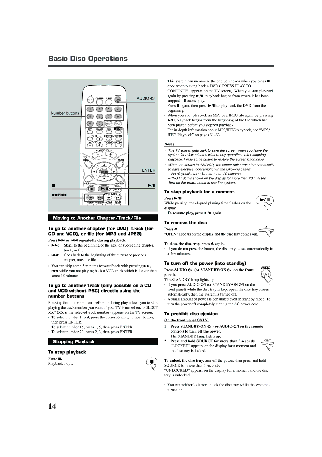 JVC TH-A25 manual To stop playback for a moment, To remove the disc, To turn off the power into standby 