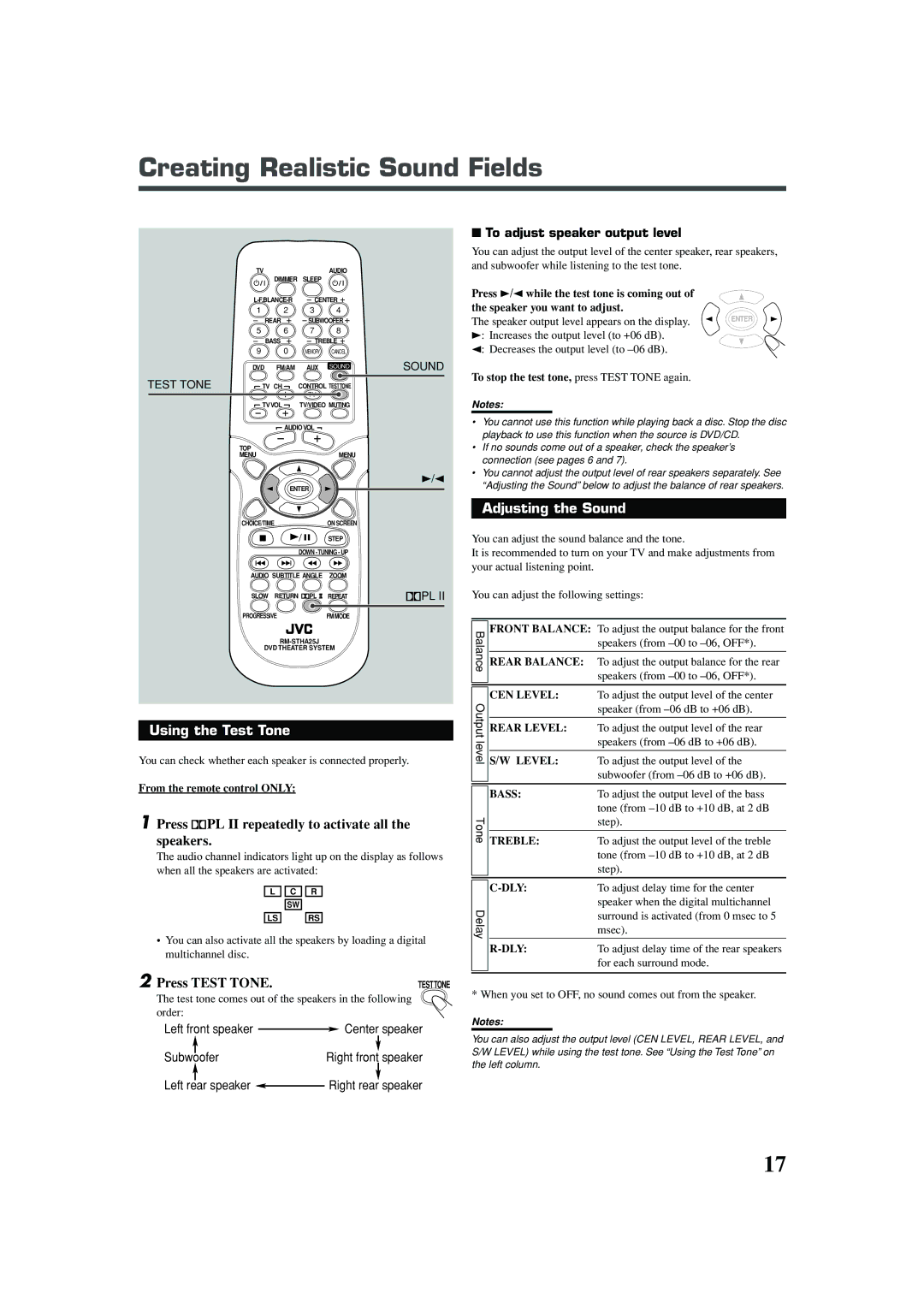 JVC TH-A25 manual Creating Realistic Sound Fields, Using the Test Tone, Press PL II repeatedly to activate all Speakers 