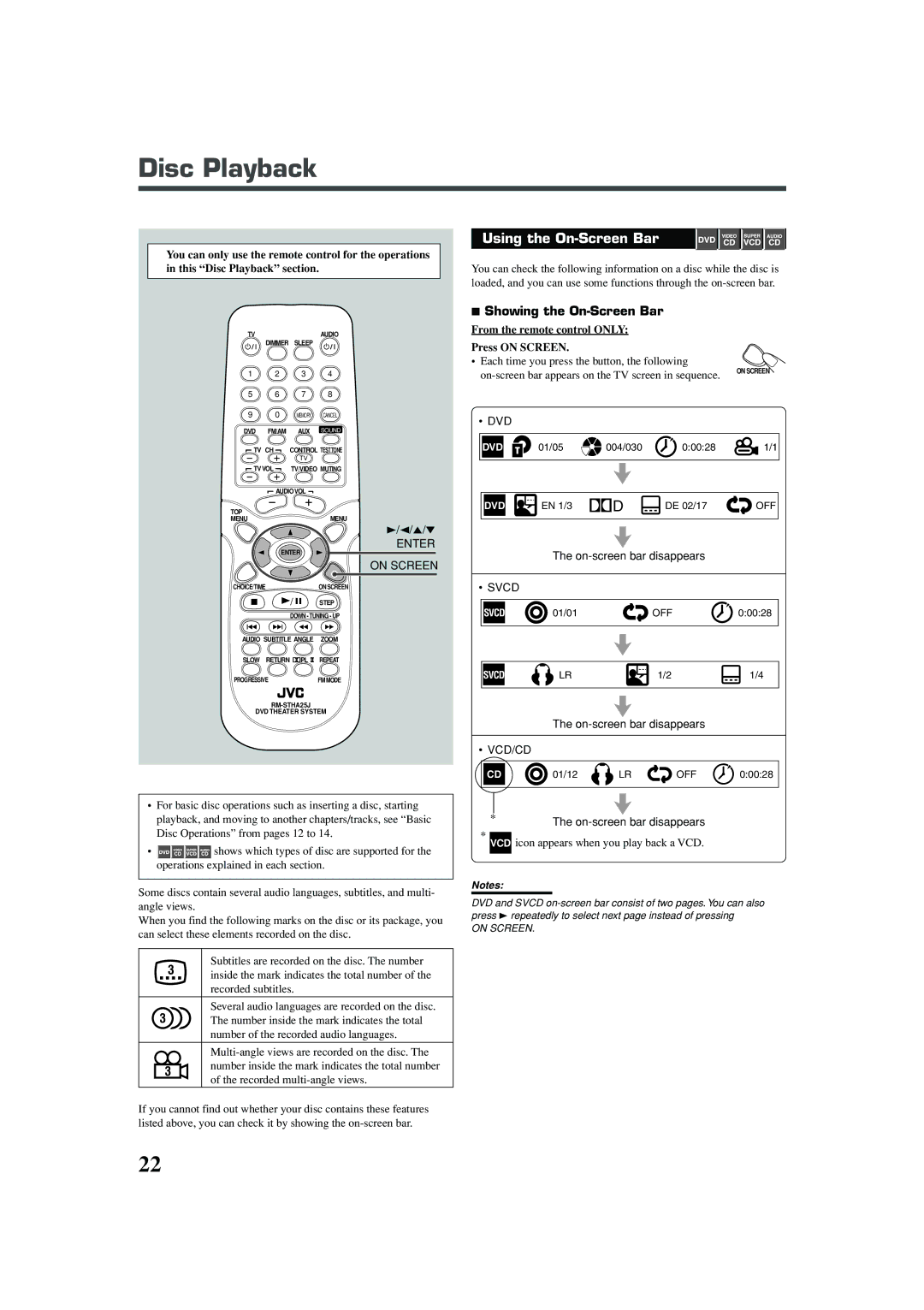 JVC TH-A25 manual Disc Playback, Using the On-Screen Bar, Showing the On-Screen Bar, Enter, On Screen 