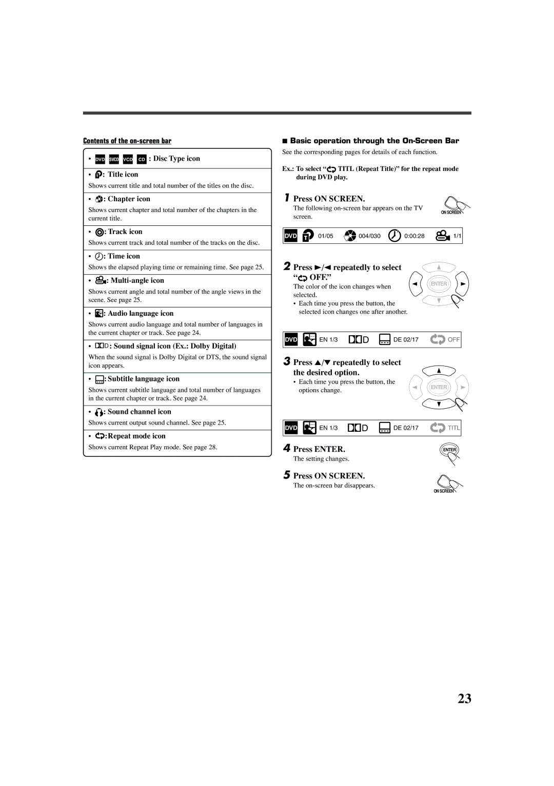 JVC TH-A25 Press on Screen, Press 3 / 2 repeatedly to select, Press 5/∞ repeatedly to select Desired option, Press Enter 