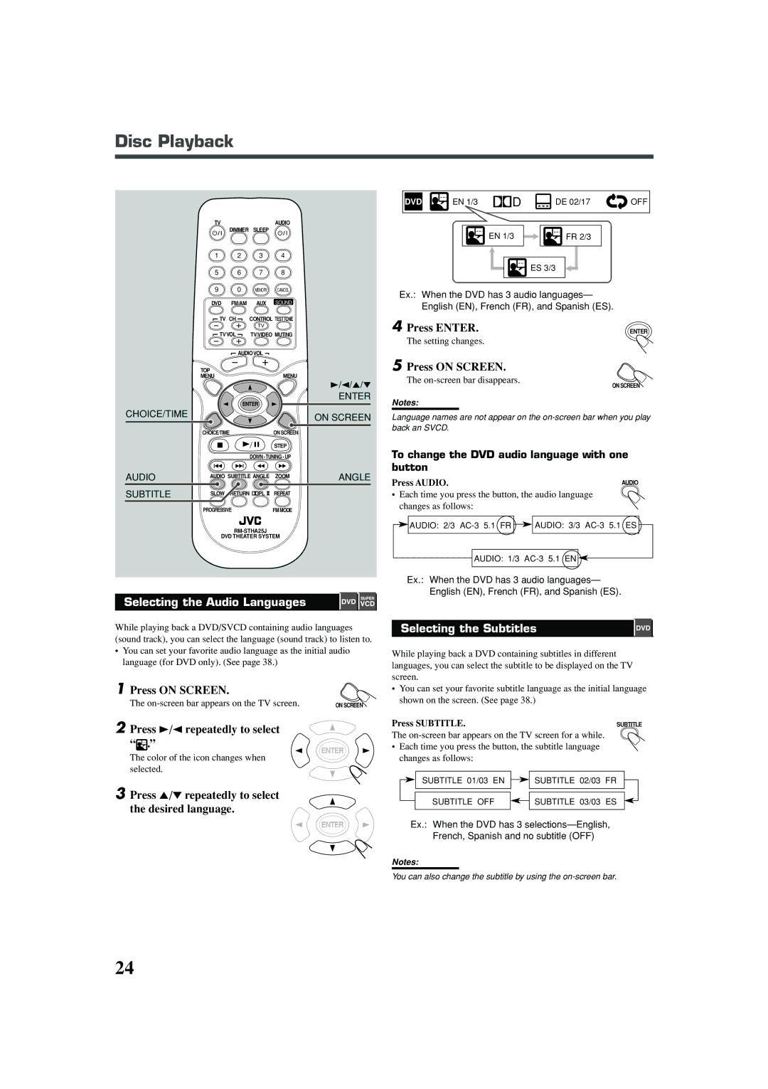 JVC TH-A25 manual Selecting the Audio Languages, Press 3/2 repeatedly to select, Selecting the Subtitles 