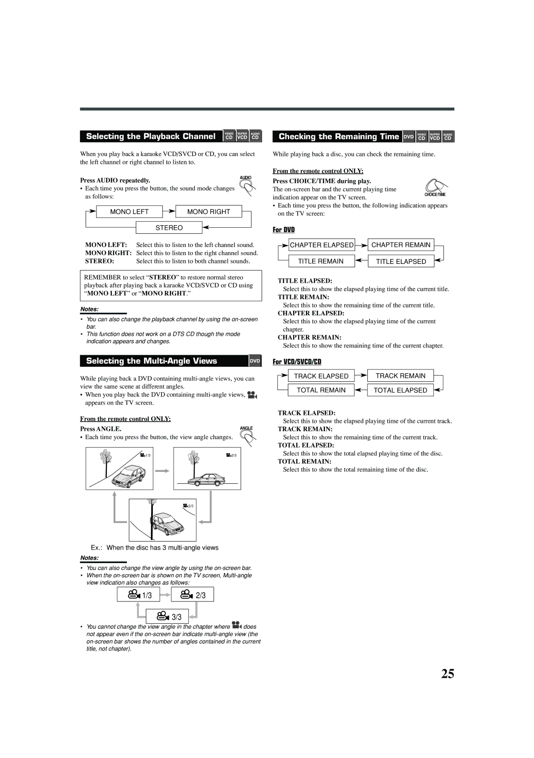 JVC TH-A25 manual Selecting the Playback Channel, Selecting the Multi-Angle Views, For DVD 