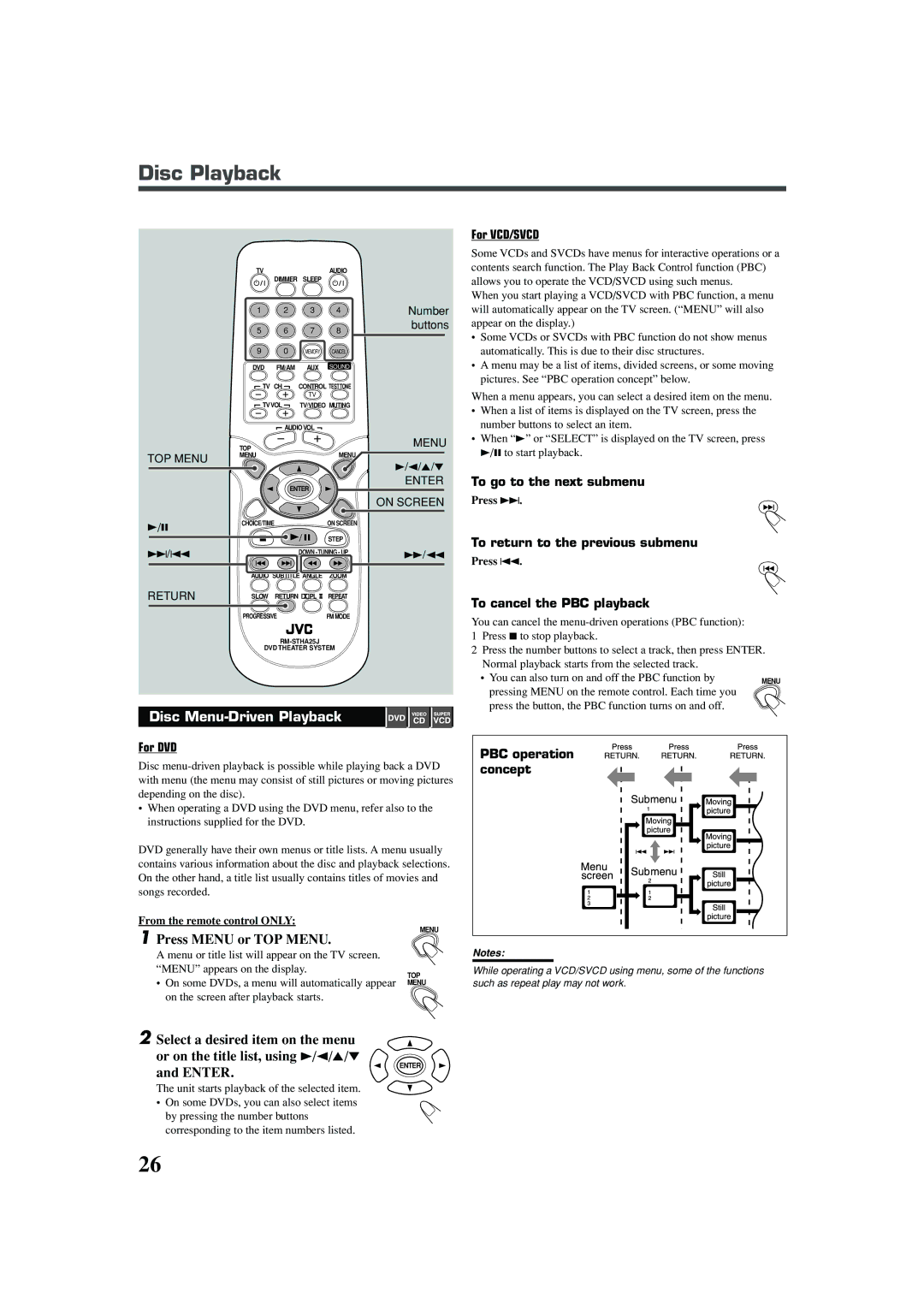 JVC TH-A25 manual Disc Menu-Driven Playback, Press Menu or TOP Menu, Enter 