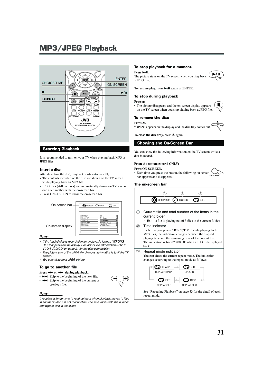 JVC TH-A25 manual MP3/JPEG Playback, Starting Playback, Insert a disc, Showing the On-Screen Bar 