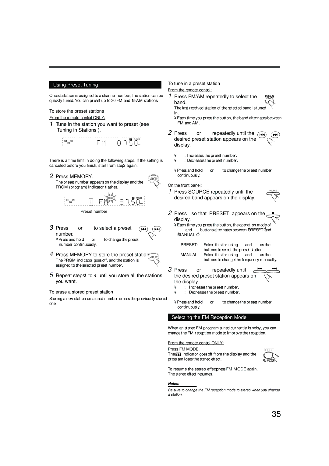 JVC TH-A25 manual Using Preset Tuning, Press ¢or 4to select a preset number, Selecting the FM Reception Mode 