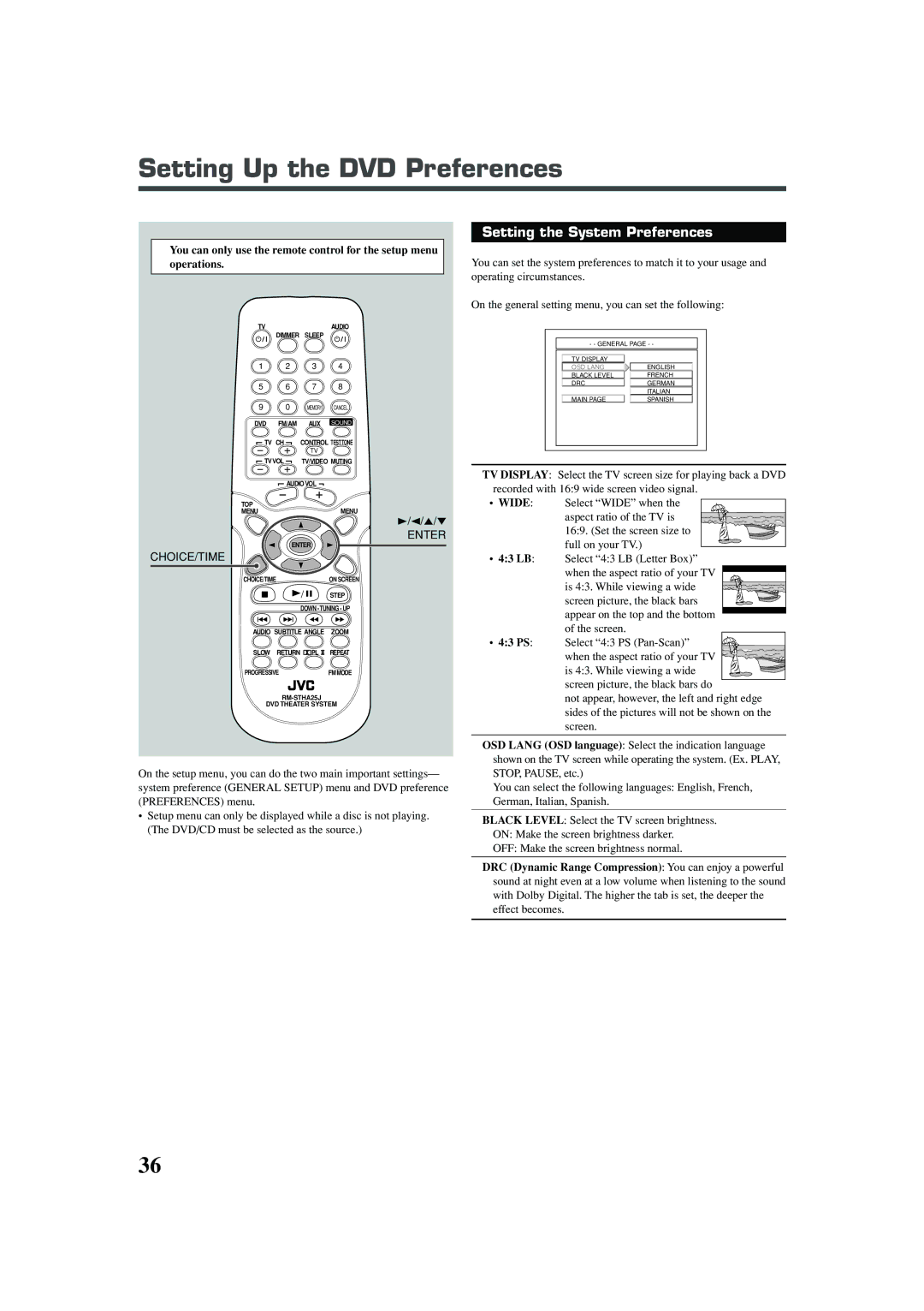 JVC TH-A25 manual Setting Up the DVD Preferences, Setting the System Preferences, Choice/Time 