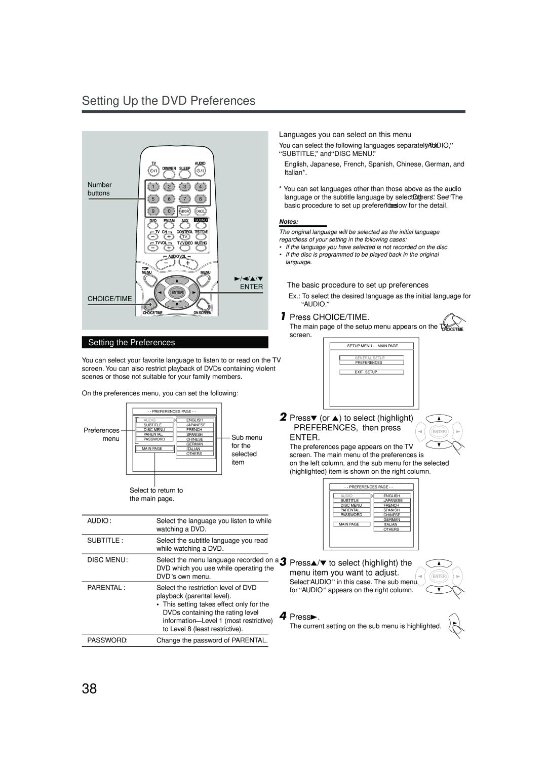 JVC TH-A25 manual Setting the Preferences, Press ∞ or 5 to select highlight, PREFERENCES, then press 