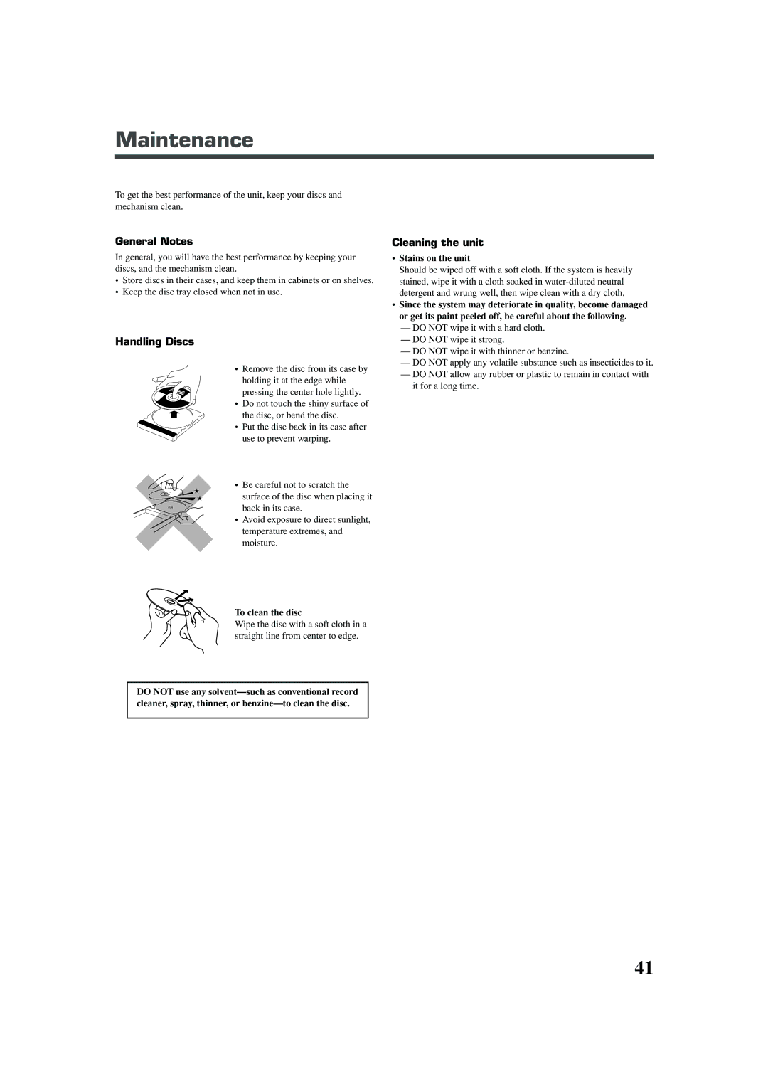 JVC TH-A25 manual Maintenance, General Notes, Handling Discs, Cleaning the unit 