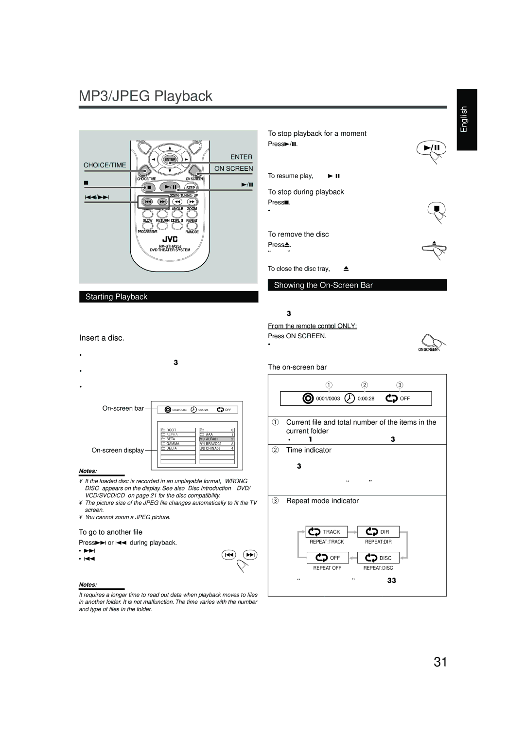 JVC TH-A25 manual MP3/JPEG Playback 