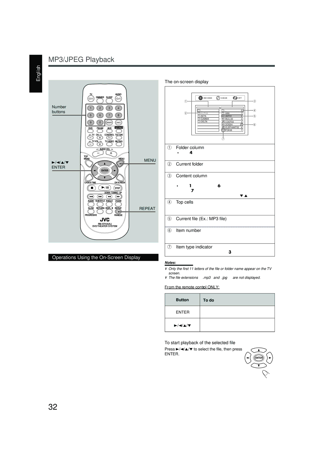 JVC TH-A25 manual MP3/JPEG Playback 