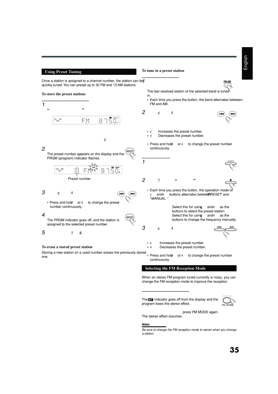 JVC TH-A25 manual Using Preset Tuning, Press ¢ or 4 to select a preset number 