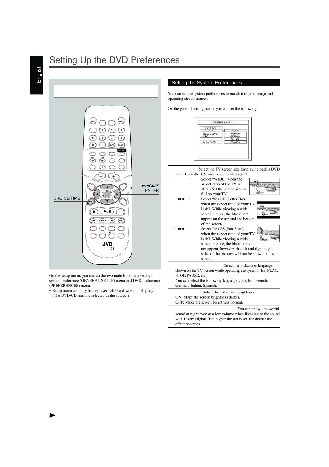 JVC TH-A25 manual Setting Up the DVD Preferences 