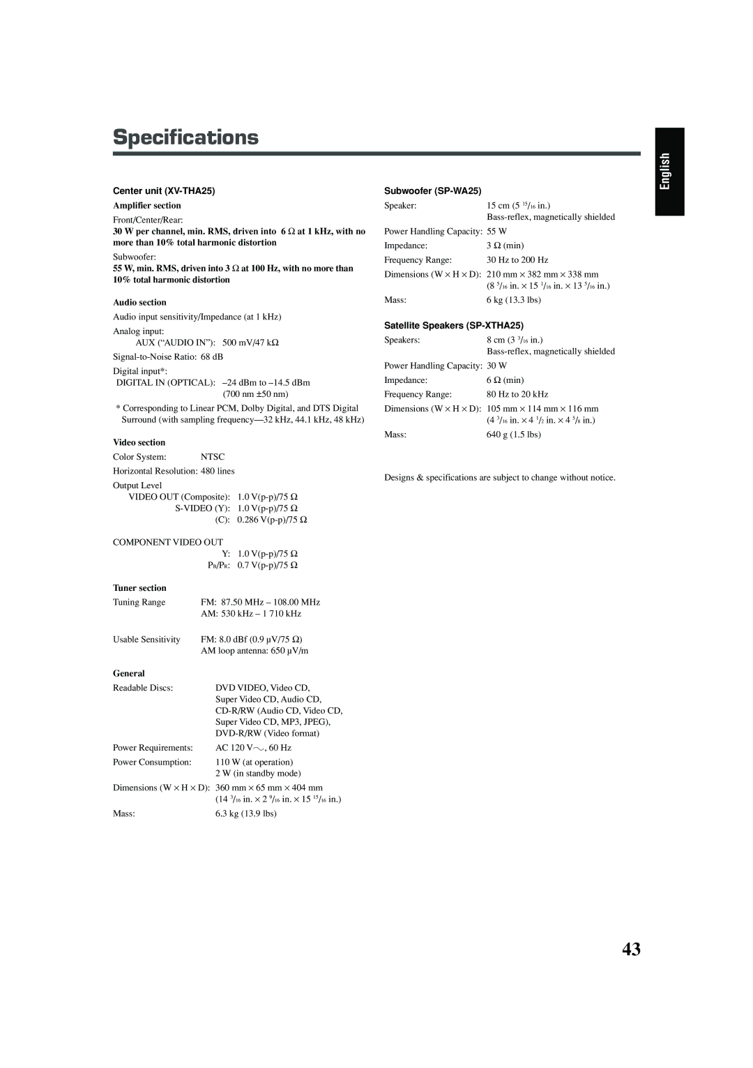 JVC TH-A25 manual Specifications 