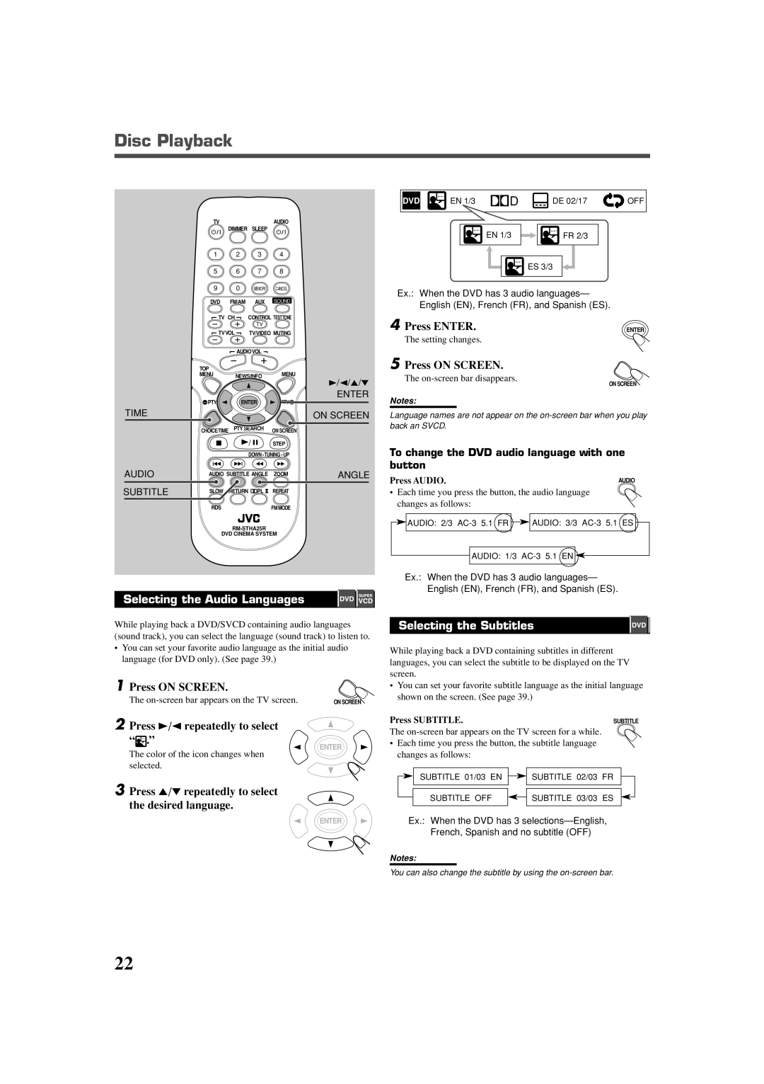 JVC TH-A25 Disc Playback, Selecting the Audio Languages, Press ON SCREEN, Press 3/2 repeatedly to select “ .”, Press ENTER 