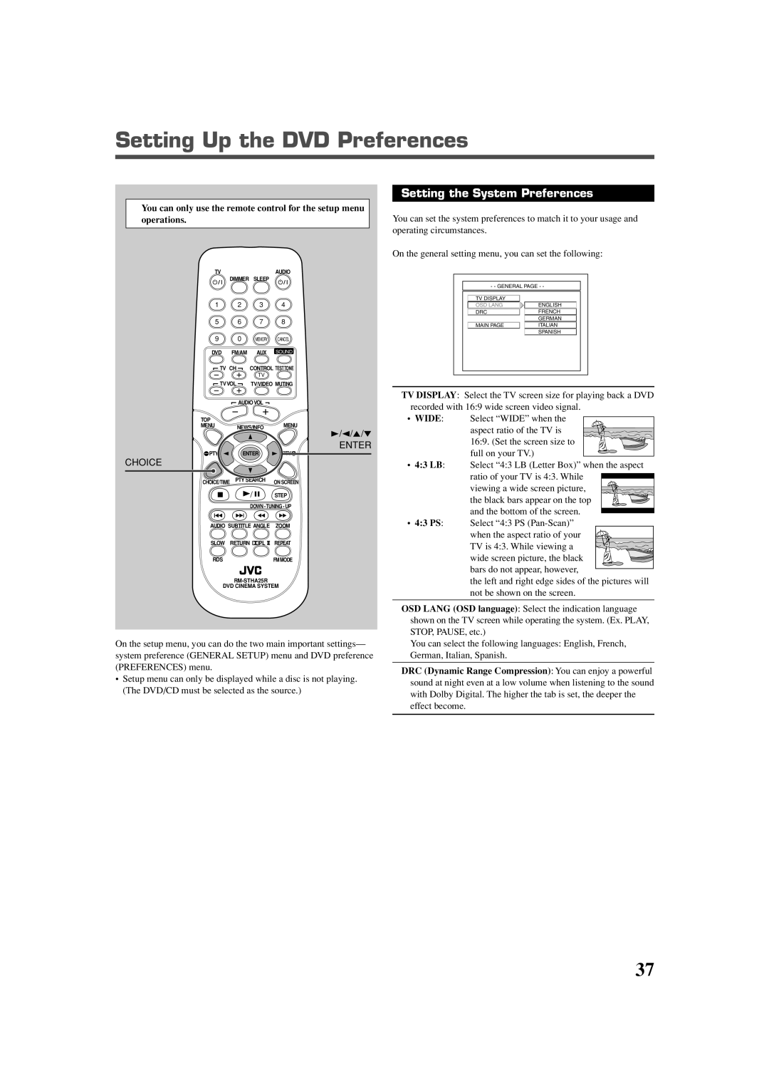 JVC TH-A25 manual Setting Up the DVD Preferences, Setting the System Preferences, Enter, Choice 