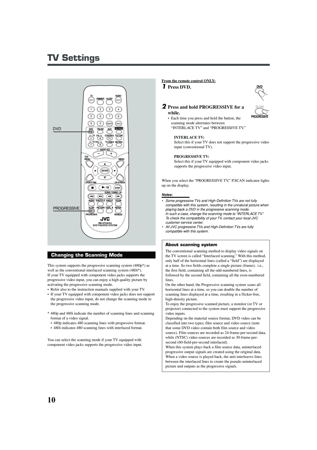 JVC TH-A25 manual TV Settings, Press DVD, Press and hold PROGRESSIVE for a, while, Changing the Scanning Mode, Progressive 