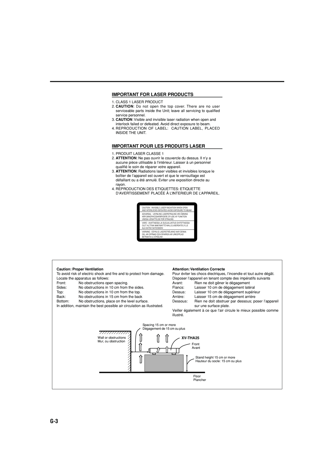 JVC TH-A25 manual Important For Laser Products, Important Pour Les Produits Laser, Caution: Proper Ventilation, XV-THA25 