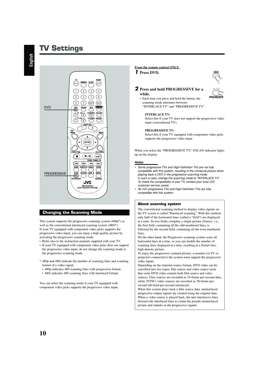 JVC TH-A25 manual TV Settings, Press DVD, Press and hold PROGRESSIVE for a, while, Changing the Scanning Mode, English 
