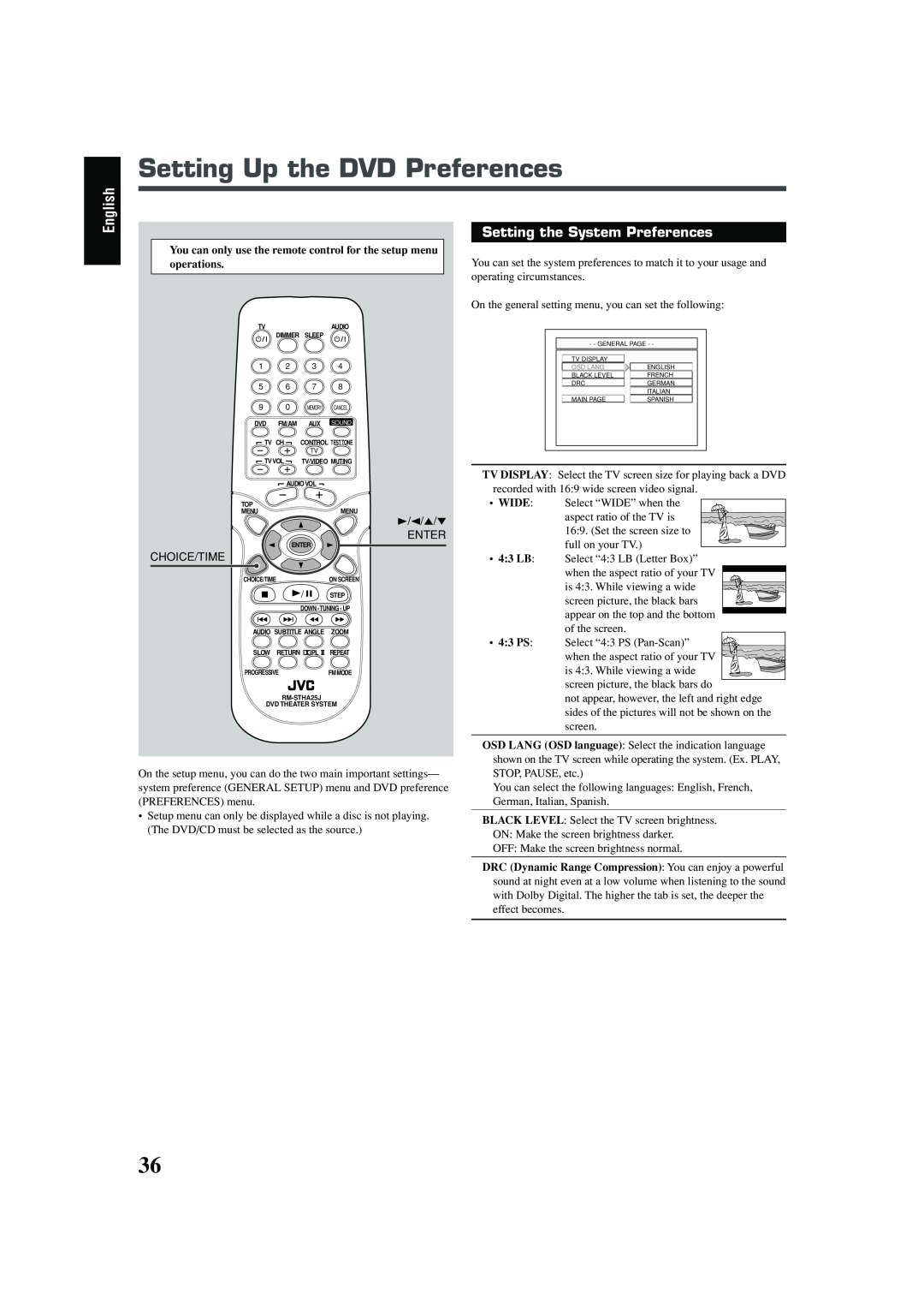 JVC TH-A25 manual Setting Up the DVD Preferences, English, Setting the System Preferences, Enter, Choice/Time 