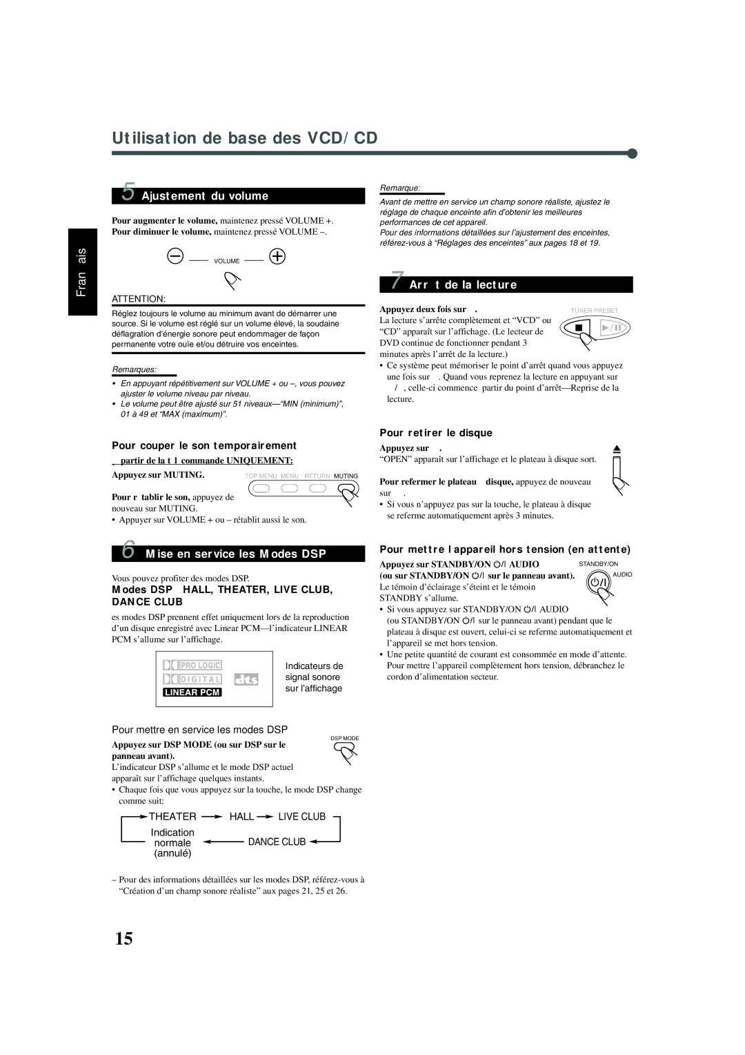 JVC XV-THA30, TH-A30 Utilisation de base des VCD/CD, Mise en service les Modes DSP, Modes DSP-HALL, THEATER, Live Club 