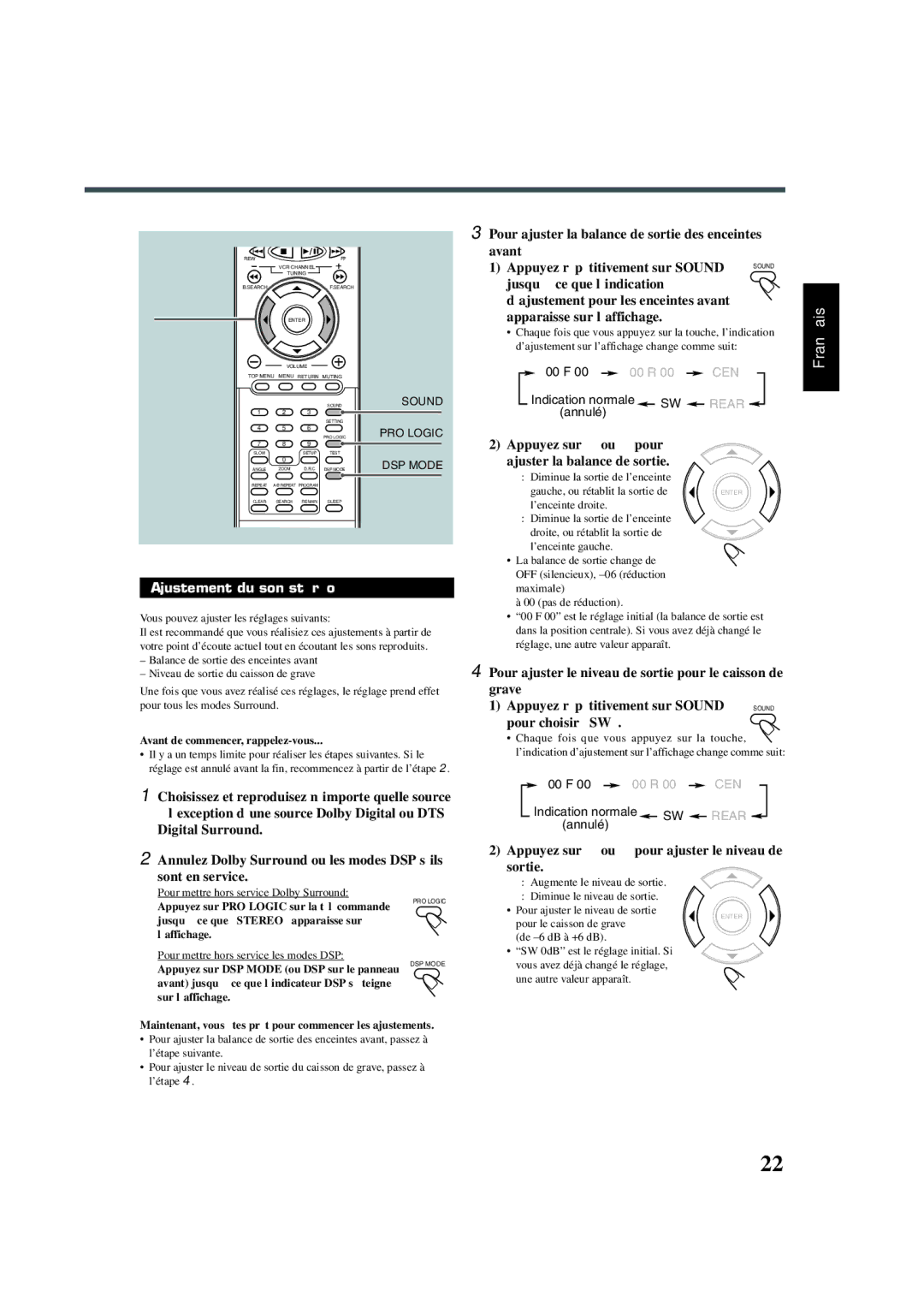 JVC TH-A30 manual Ajustement du son stéréo, Appuyez sur 3 ou 2 pour ajuster le niveau de sortie, Sound PRO Logic DSP Mode 