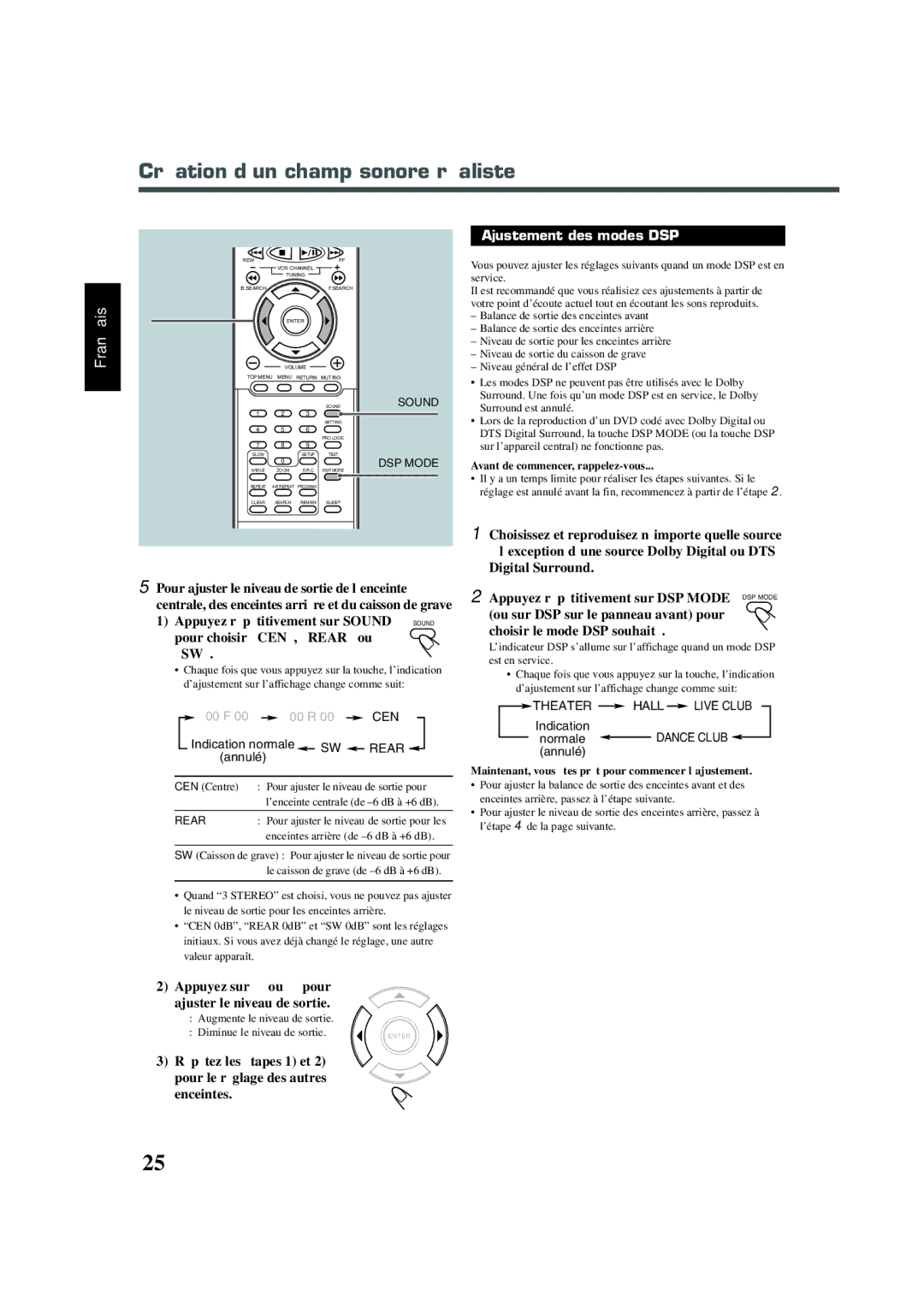 JVC XV-THA30, TH-A30, SP-XSA30 Ajustement des modes DSP, Sound DSP Mode, CEN Centre Pour ajuster le niveau de sortie pour 