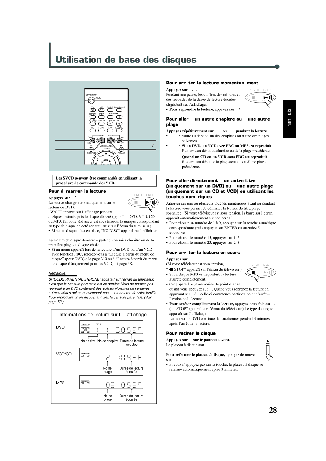 JVC SP-XSA30, TH-A30 manual Utilisation de base des disques, Pour démarrer la lecture, Pour arrêter la lecture momentanément 