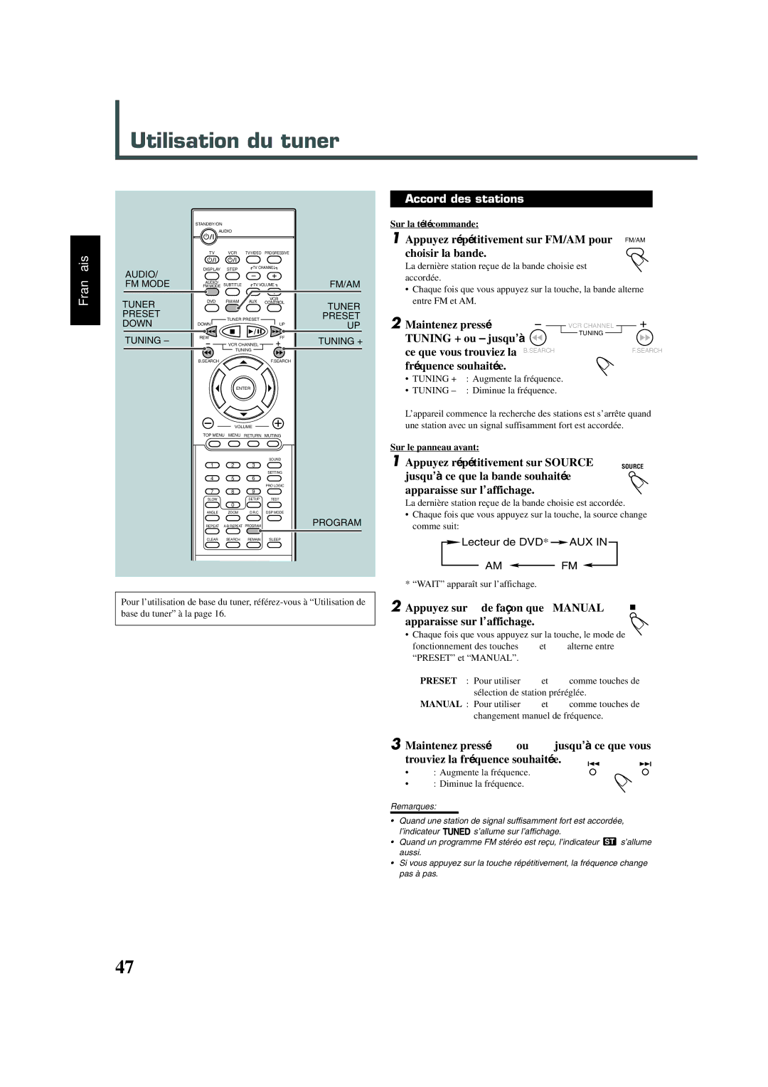 JVC TH-A30, SP-XSA30, SP-XA30, XV-THA30, SP-WA30 manual Utilisation du tuner, Accord des stations 