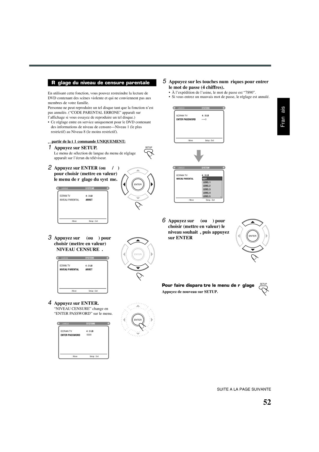 JVC TH-A30, SP-XSA30 manual Réglage du niveau de censure parentale, Appuyez sur Enter ou 3/2, Appuyez de nouveau sur Setup 