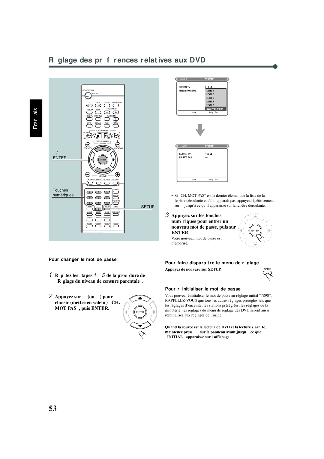 JVC SP-XSA30 Pour changer le mot de passe, Pour réinitialiser le mot de passe, Votre nouveau mot de passe est mémorisé 