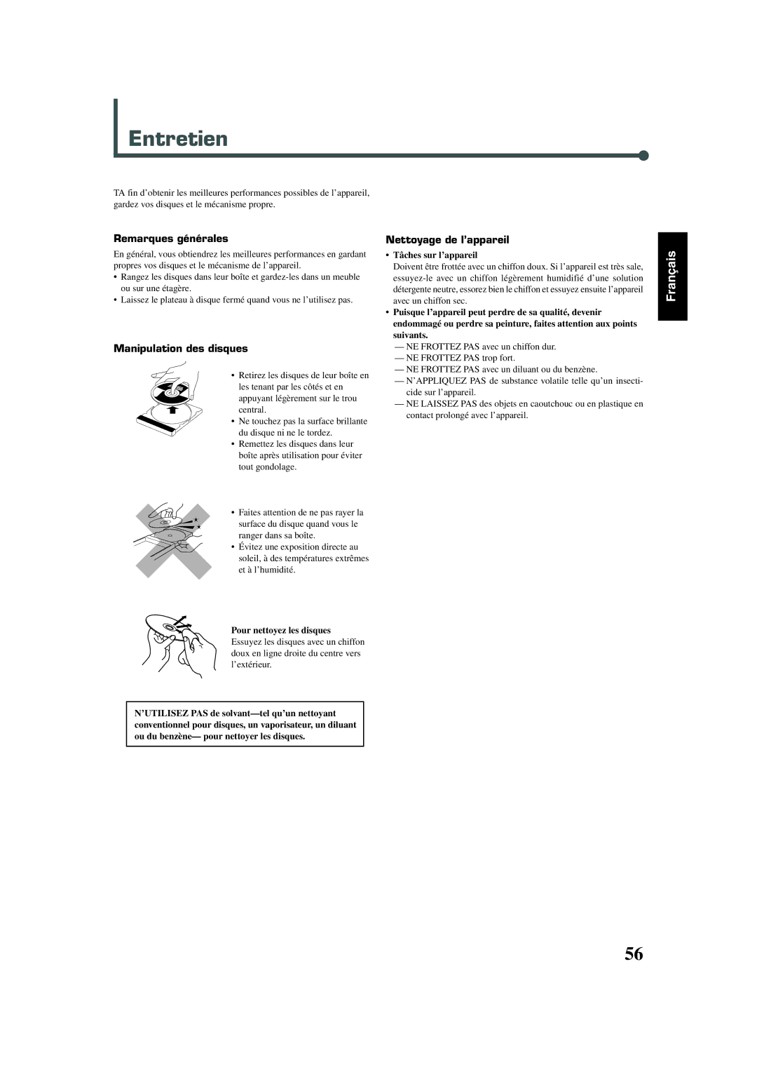 JVC SP-WA30, TH-A30, SP-XSA30, SP-XA30 Entretien, Remarques générales, Manipulation des disques, Nettoyage de l’appareil 