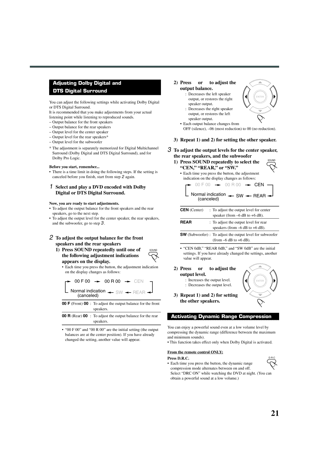 JVC XV-THA30R manual Adjusting Dolby Digital DTS Digital Surround, Following adjustment indications Appears on the display 