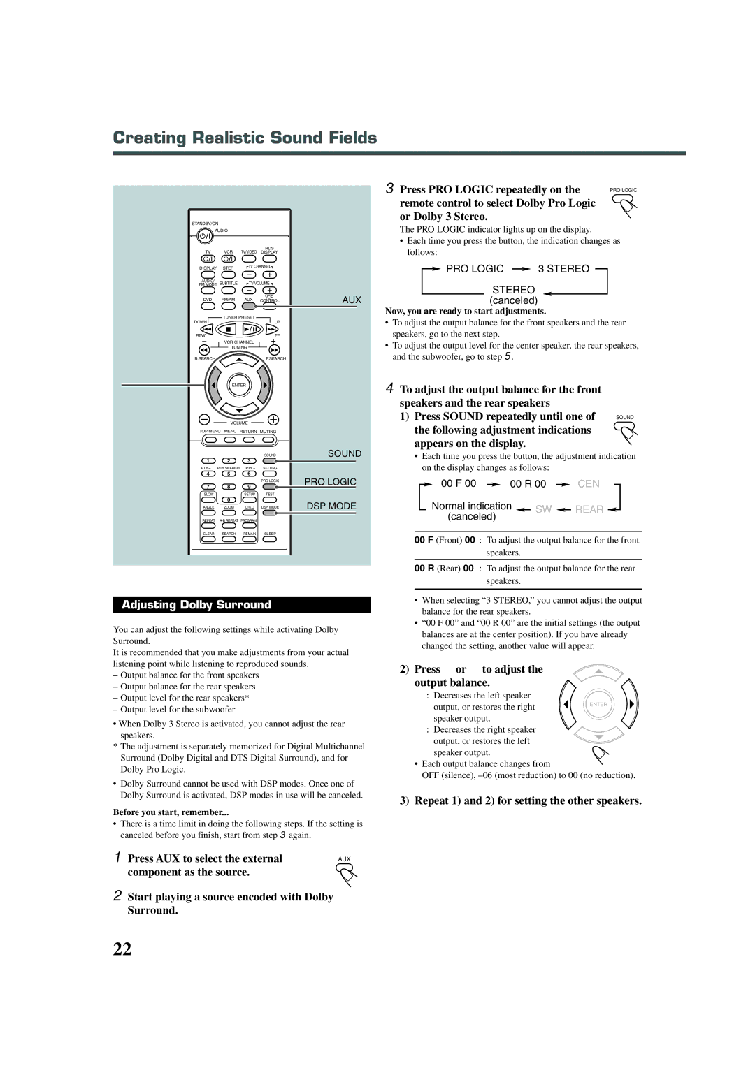 JVC TH-A30R, XV-THA30R manual Remote control to select Dolby Pro Logic Or Dolby 3 Stereo, Adjusting Dolby Surround 